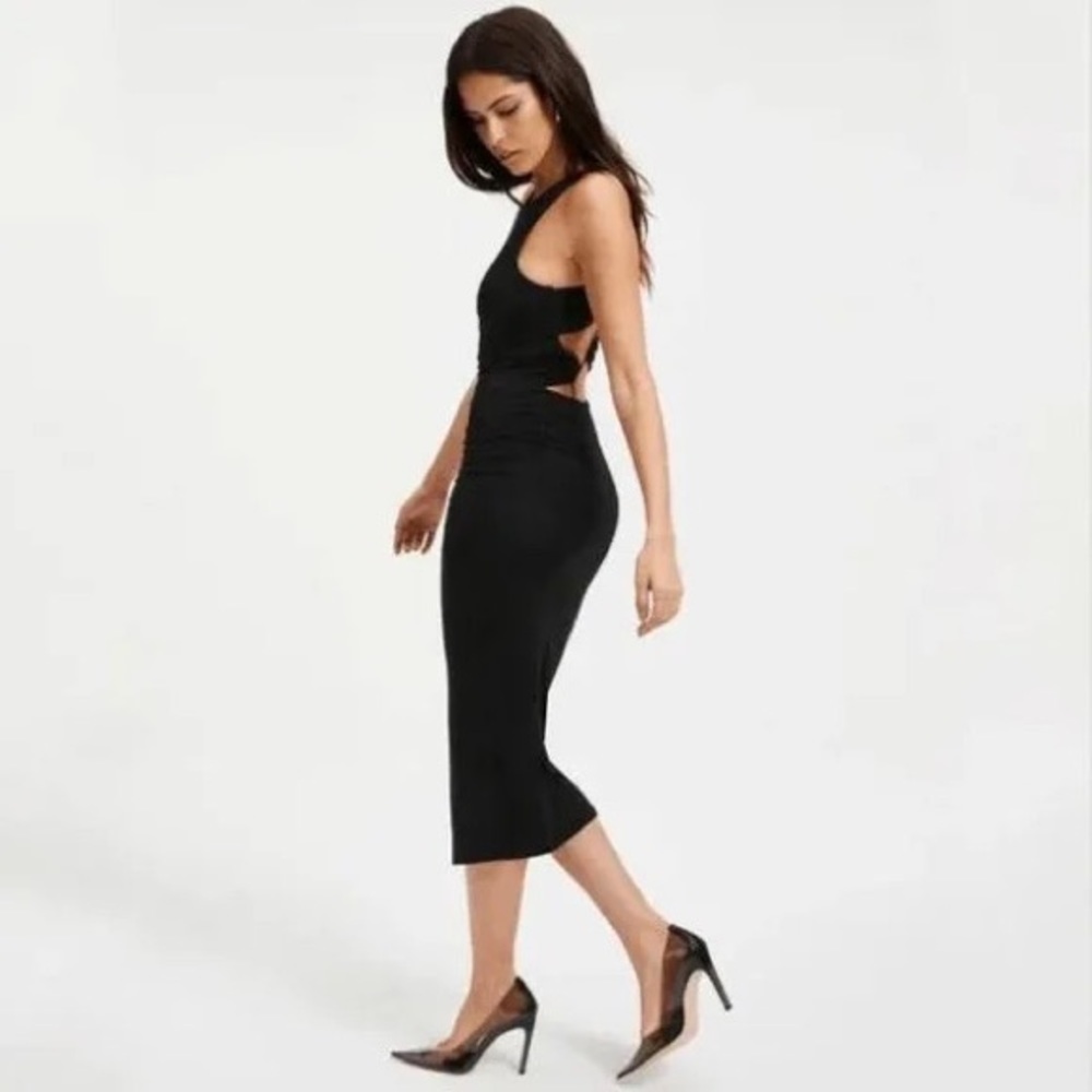 Good American Plunged Back Strap Midi Dress Black Sz 7 (4X) MSRP $130